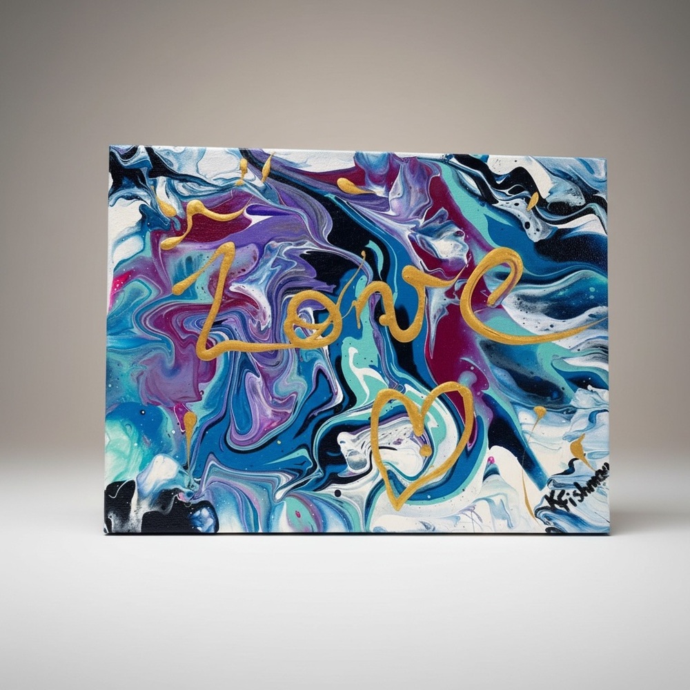 Original "LOVE" Fluid Art Painting - 9x12 Abstract Blue/Gold Hand Painted